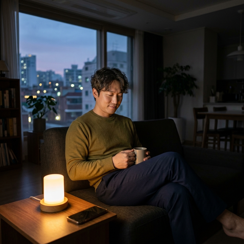 퇴근 후 어두운 거실에 앉아 간접조명 하나만 켜둔 채 쉬고 있는 30대 직장인의 모습, 창밖으로 어스름한 저녁 빛이 들어오고 테이블 위에 따뜻한 색감의 무드등이 은은하게 켜져 있다