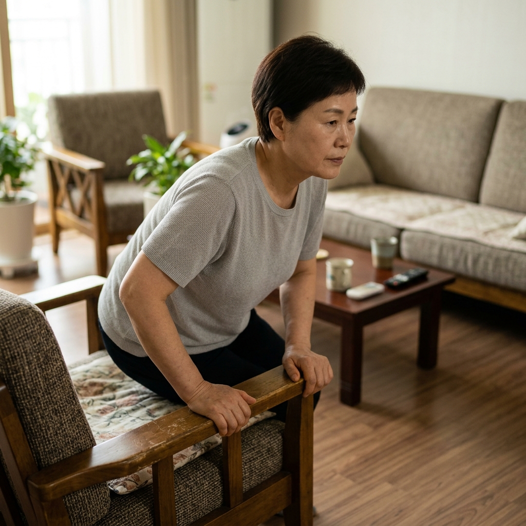 70대 여성이 거실 의자에서 팔걸이를 짚으며 일어서려는 모습, 얇은 반팔 블라우스 착용