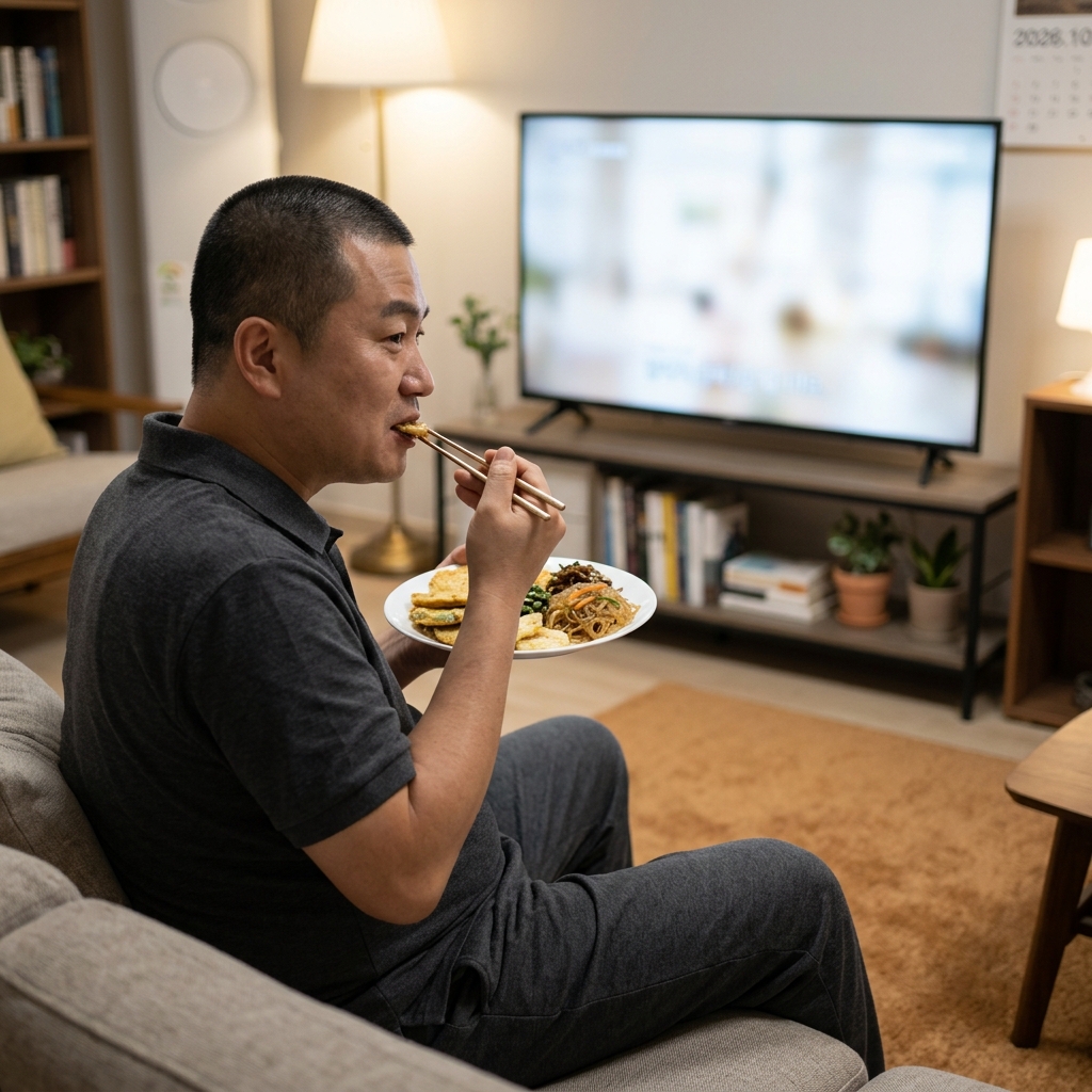 50대 중반 남성이 거실 소파에 앉아 명절 음식이 담긴 접시를 들고 TV를 보며 야식을 먹고 있는 모습, 배 부분이 조금 나와 있고 편한 실내복 차림