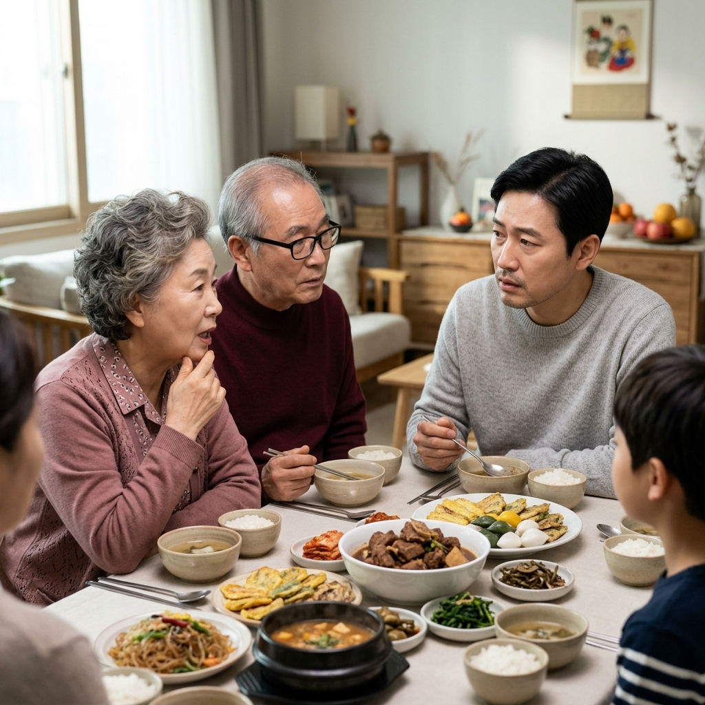 추석 식탁에서 손자녀와 대화하며 같은 질문을 반복하는 70대 부모님과 걱정스러운 표정으로 지켜보는 중년 자녀의 모습