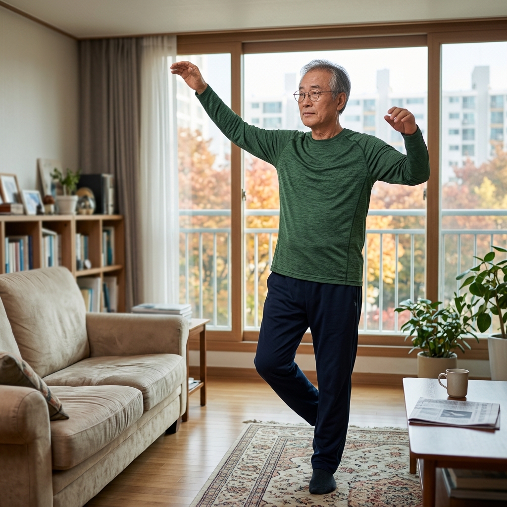 70대 남성이 집 안 거실에서 팔과 다리를 가볍게 펴며 준비운동을 하는 아침 장면, 창밖으로 선선한 가을 나뭇잎이 보이는 실내