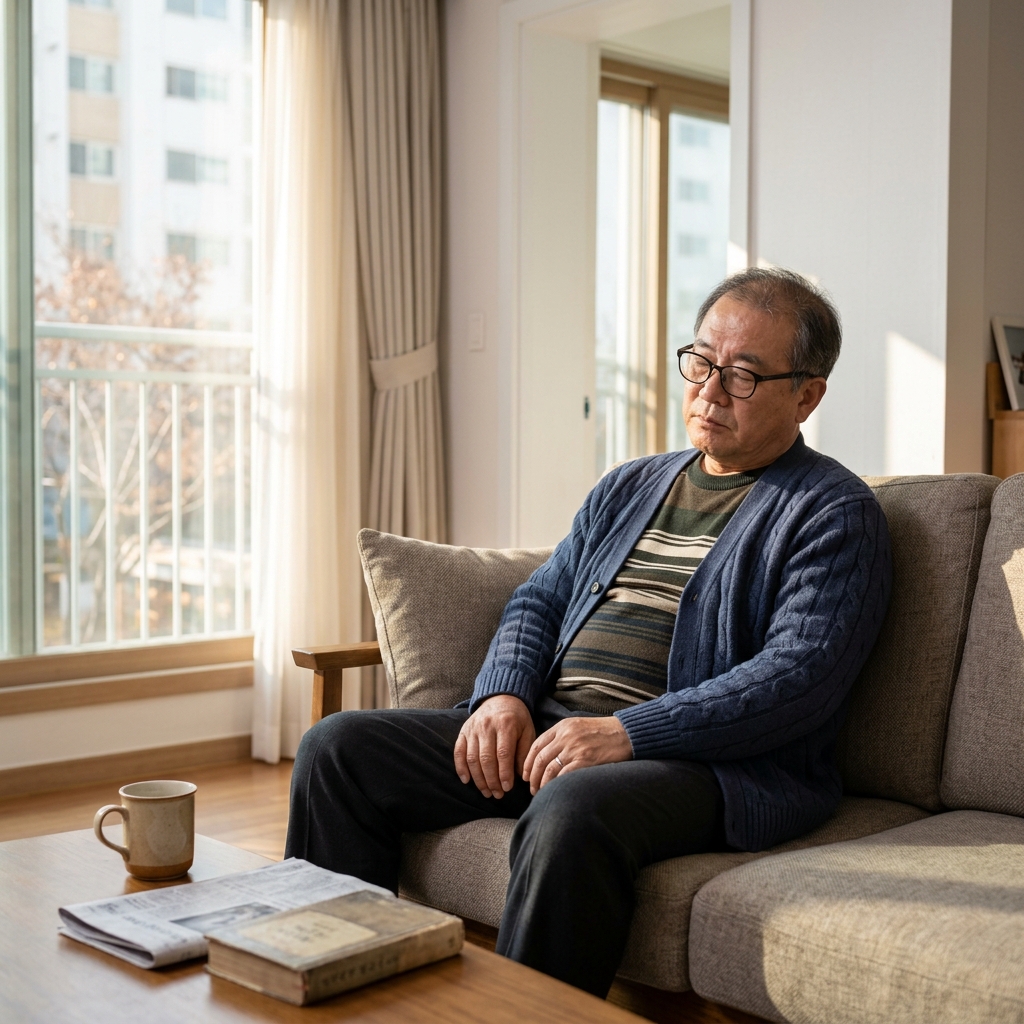 소파에 앉아 기운 없이 눈을 감고 있는 70대 남성, 창밖으로 겨울 햇살이 들어오는 거실