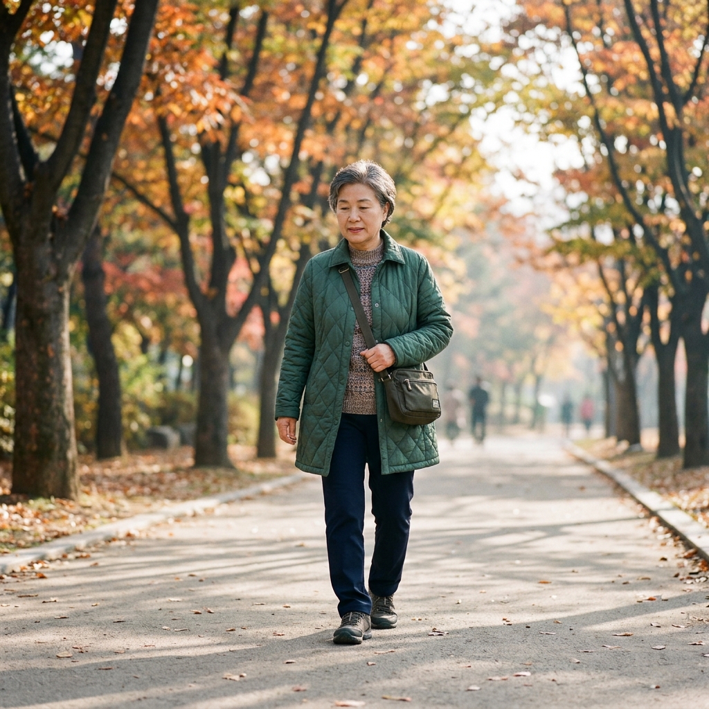 70대 여성이 가을 공원 평평한 산책로에서 긴팔 겉옷을 입고 천천히 걷는 오전 풍경, 단풍이 물든 나무가 배경