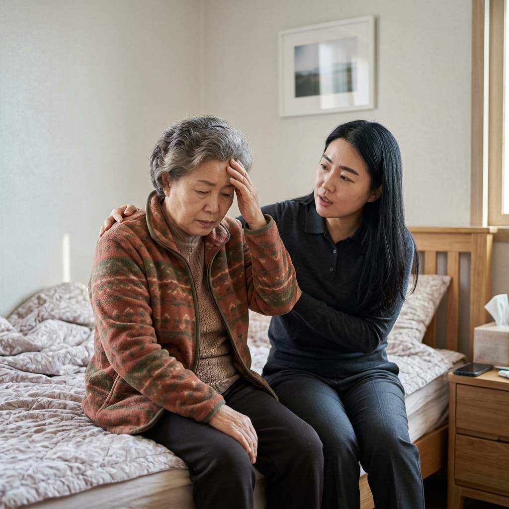 침대에 앉아 손으로 이마를 짚고 있는 70대 여성, 옆에 앉은 딸이 어깨를 감싸며 대화하는 모습