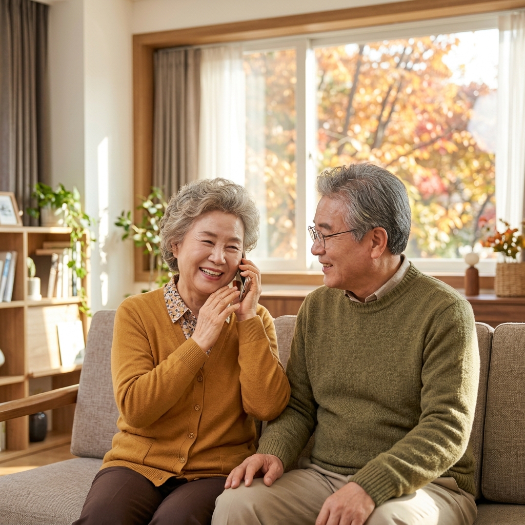 70대 부모님이 거실 소파에 앉아 자녀와 전화 통화를 하며 미소 짓는 장면, 창밖으로 가을 햇살이 비추고 전화기를 귀에 대고 있는 모습