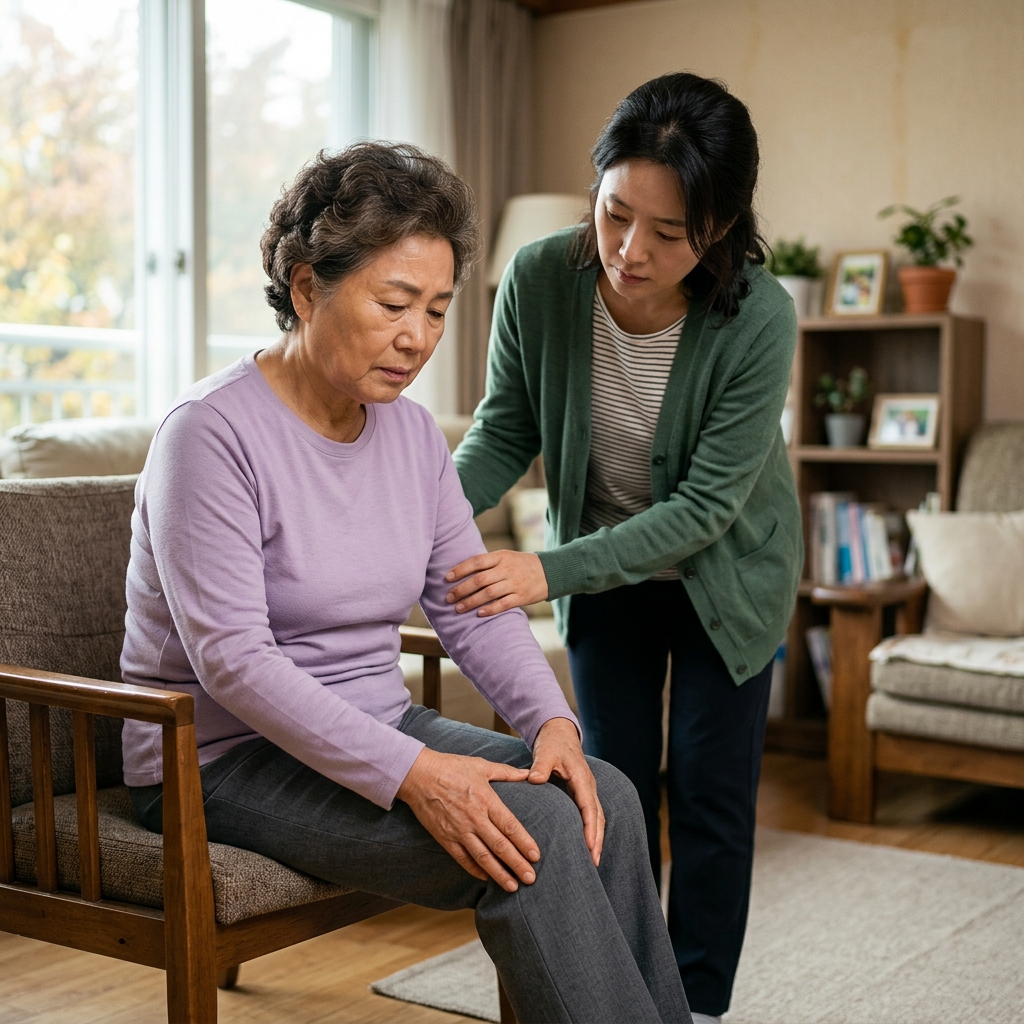 70대 여성이 의자에 앉아 무릎을 손으로 짚고 있는 모습, 보호자가 옆에서 지켜보는 장면, 실내, 긴소매