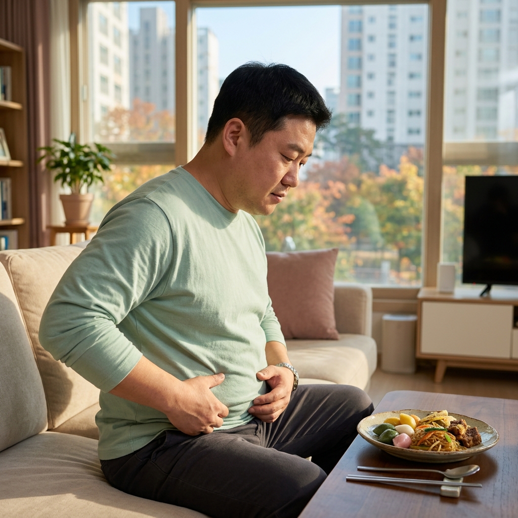 50대 여성이 거실 소파에 앉아 명절 음식이 담긴 접시를 내려다보며 허리둘레를 손으로 가늠하는 모습, 창밖으로 가을 햇살
