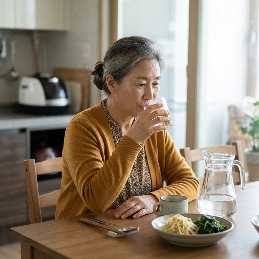 식탁에 물병과 채소 반찬이 놓여 있고 60대가 물을 마시는 장면