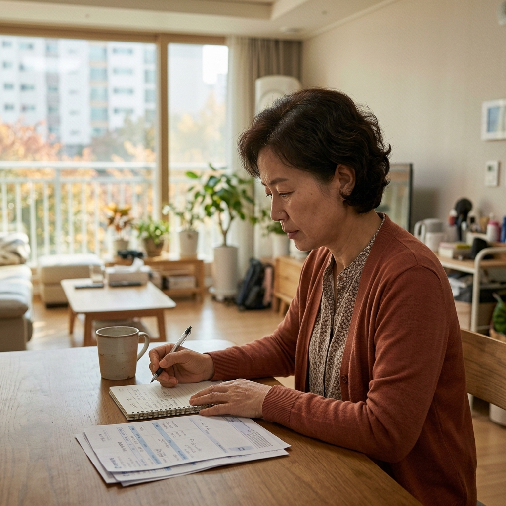 30대 여성이 거실 테이블에 앉아 카드 명세서와 가계부 노트를 펼쳐놓고 지출 내역을 정리하는 모습, 창밖으로 보이는 가을 햇살