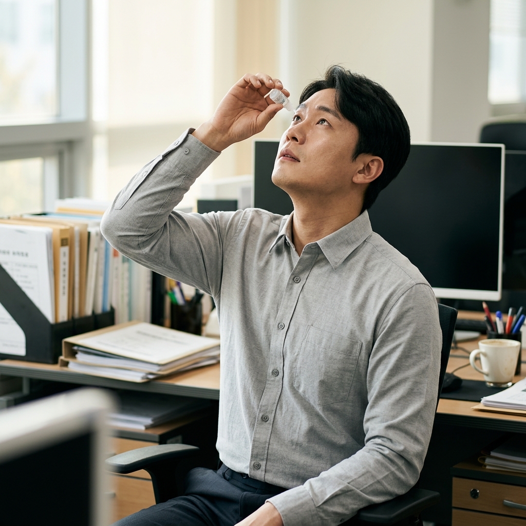 30대 직장인이 실내 사무실 책상 앞에서 인공눈물을 눈에 넣고 있는 모습, 얇은 긴팔 셔츠 착용, 배경에 모니터와 서류