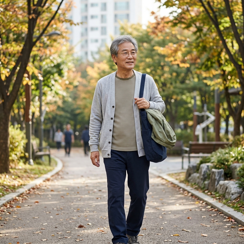 70대 남성이 얇은 긴팔 셔츠 위에 가벼운 카디건을 걸치고 가방에 재킷을 넣어 들고 아침 산책길을 걷는 모습