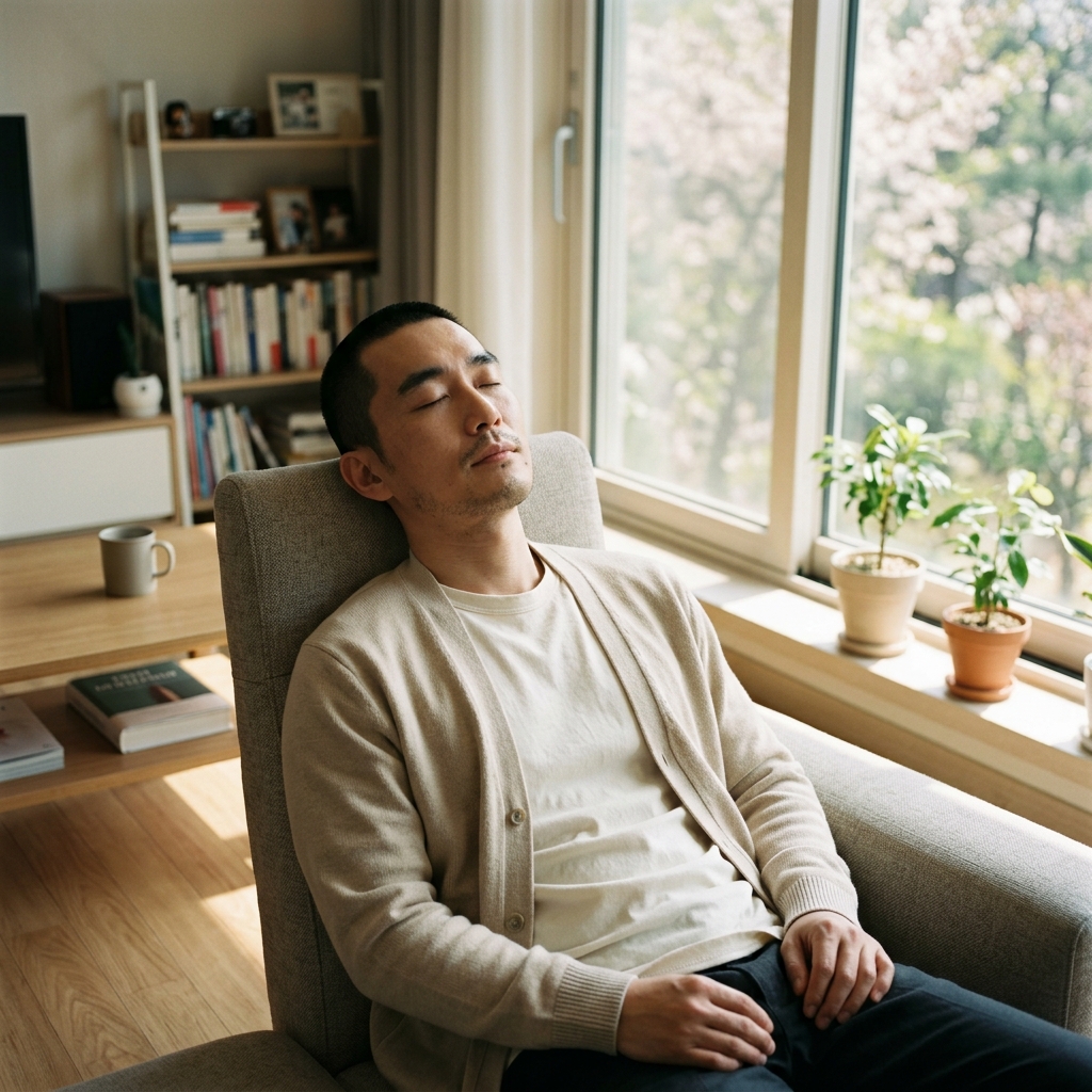 50대 중년이 거실 소파에 앉아 눈을 감고 휴식을 취하고 있는 모습, 얇은 가디건 착용, 창밖으로 봄 햇살이 들어옴