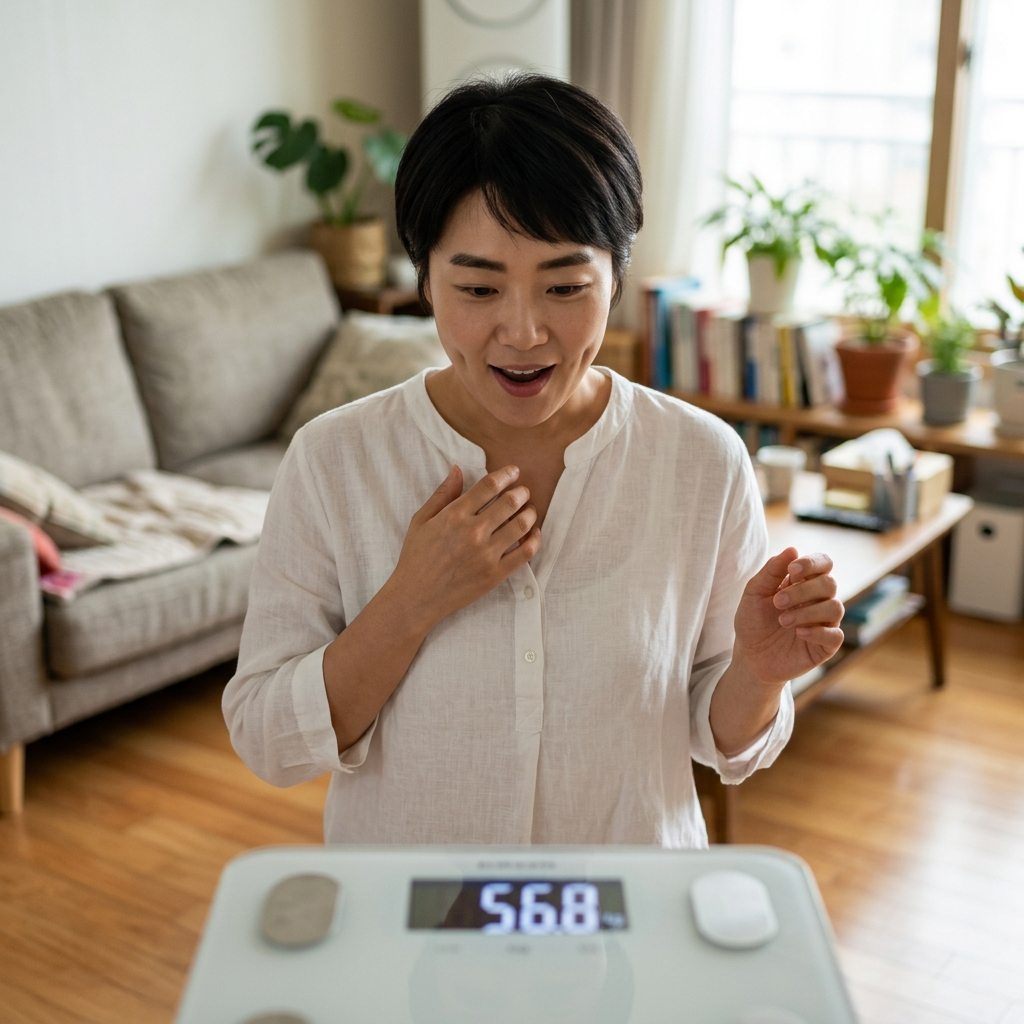 체중계 위에 올라선 중년 여성이 살짝 놀란 표정으로 숫자를 내려다보는 모습, 실내 거실, 얇은 반팔 티셔츠