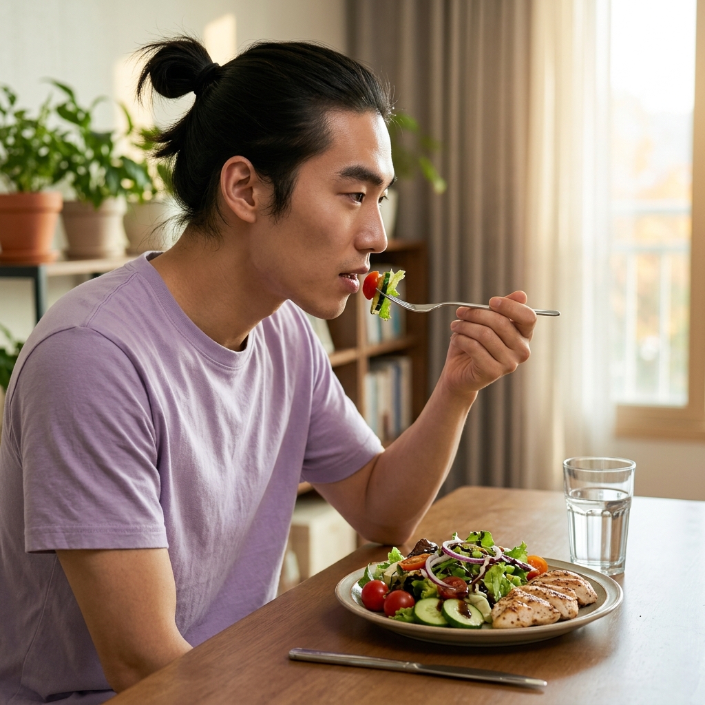 실내 식탁에서 채소 샐러드와 구운 닭가슴살이 담긴 접시를 앞에 둔 중년 남성이 포크를 들고 식사하는 모습, 밝은 자연광, 반팔 셔츠