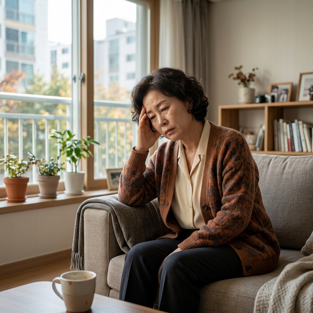 소파에 앉아 이마를 짚고 피로한 표정을 짓는 50대 중년 여성, 거실 창가로 부드러운 자연광