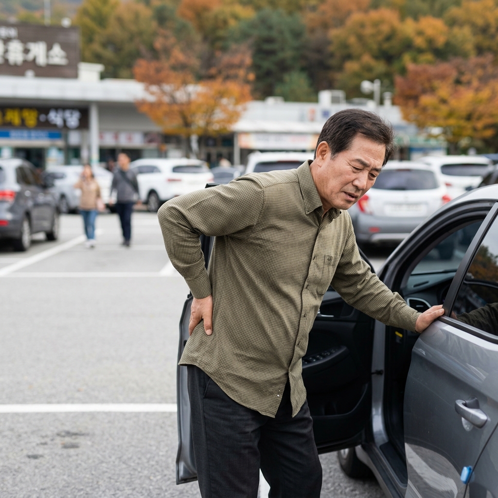 60대 남성이 운전석에서 내린 뒤 허리에 손을 대고 뻐근함을 느끼는 모습, 차량 옆 고속도로 휴게소 배경, 긴 소매 셔츠 착용