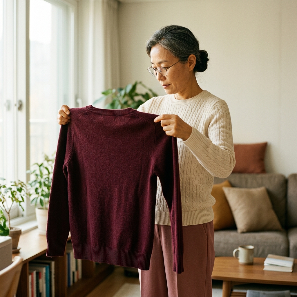 50대 여성이 거실에서 니트를 손으로 펼쳐 상태를 확인하는 모습, 옅은 햇살이 들어오는 실내, 긴소매 니트