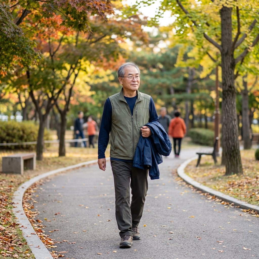 70대 남성이 가을 아침 공원에서 긴팔 기능성 티셔츠와 얇은 조끼를 입고 산책하는 모습, 손에 가벼운 바람막이를 들고 있음