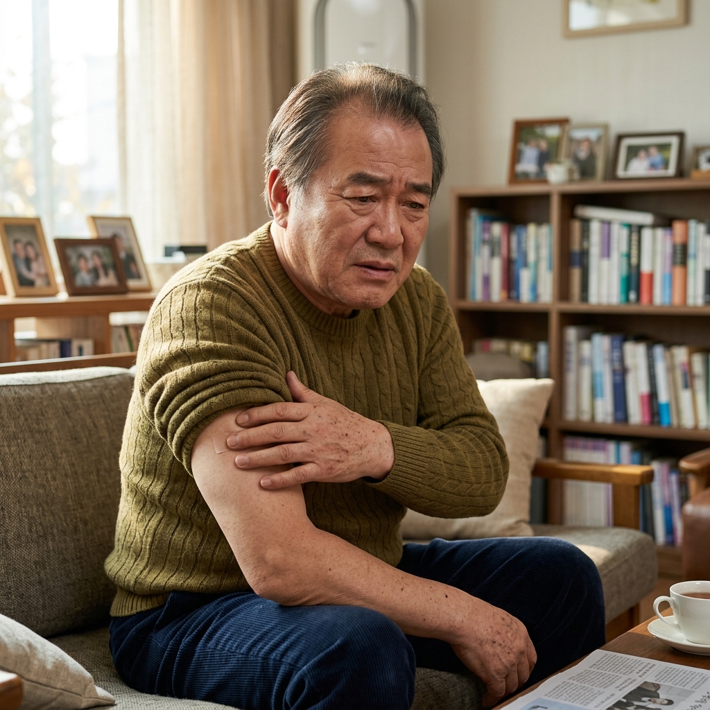 60대 초반 남성이 집 소파에 앉아 팔 주사 맞은 부위를 가볍게 만지며 불편한 표정을 짓는 장면, 실내 자연광, 가을철 긴팔 니트