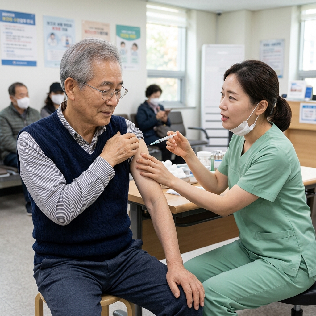 70대 어르신이 보건소 접종실에서 독감 백신을 맞고 있는 모습, 간호사가 옆에서 설명 중