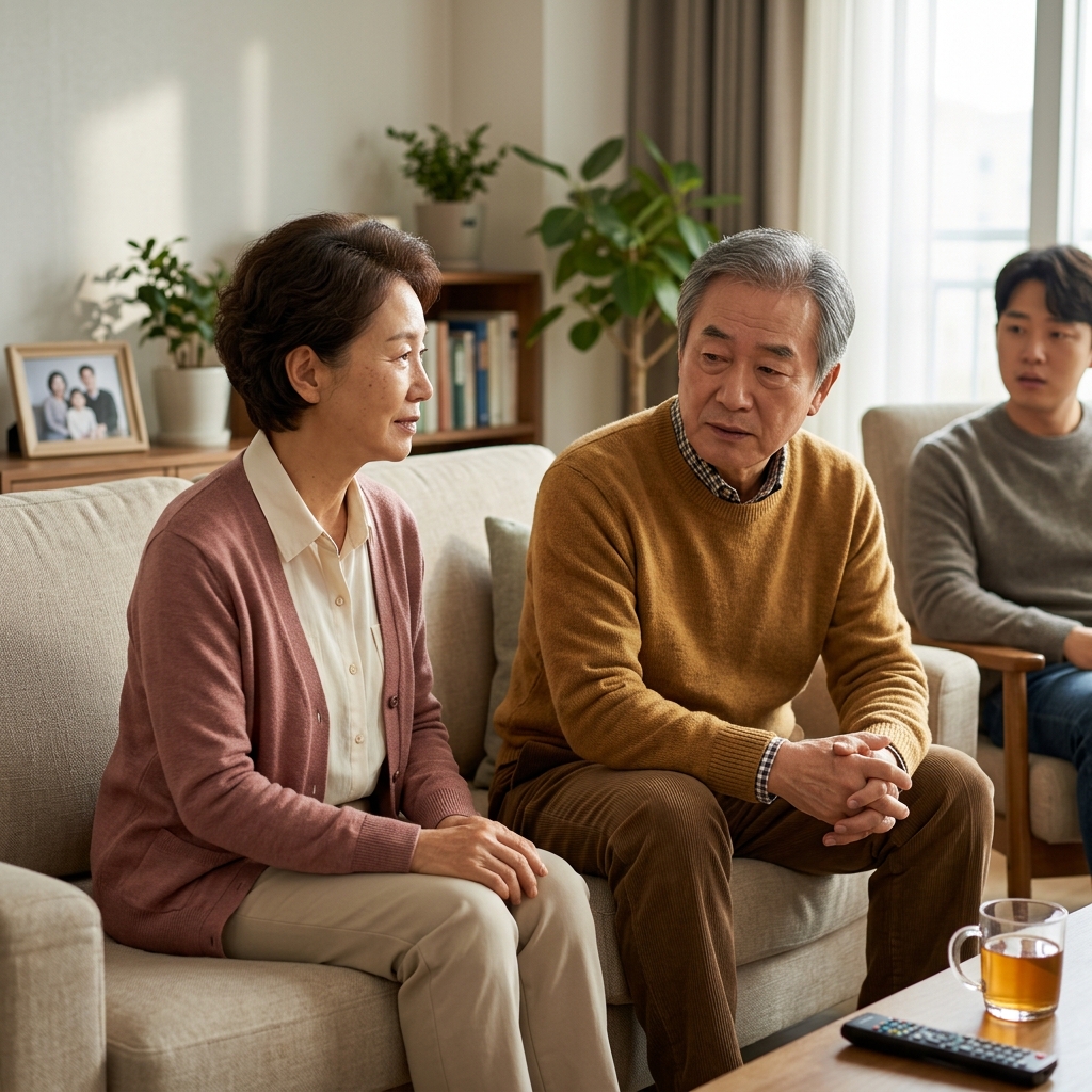 70대 남성이 거실 소파에 앉아 가슴을 짚으며 기침하는 모습, 옆에 앉은 가족이 걱정스럽게 지켜보고 있다