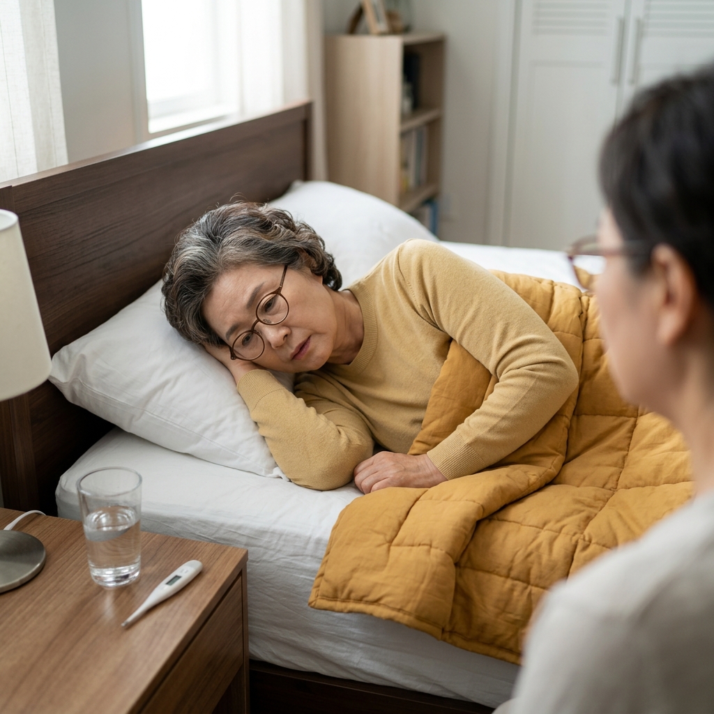 70대 여성이 침대에 누워 이불을 덮고 있으며, 옆 탁자에 체온계와 물컵이 놓여 있다