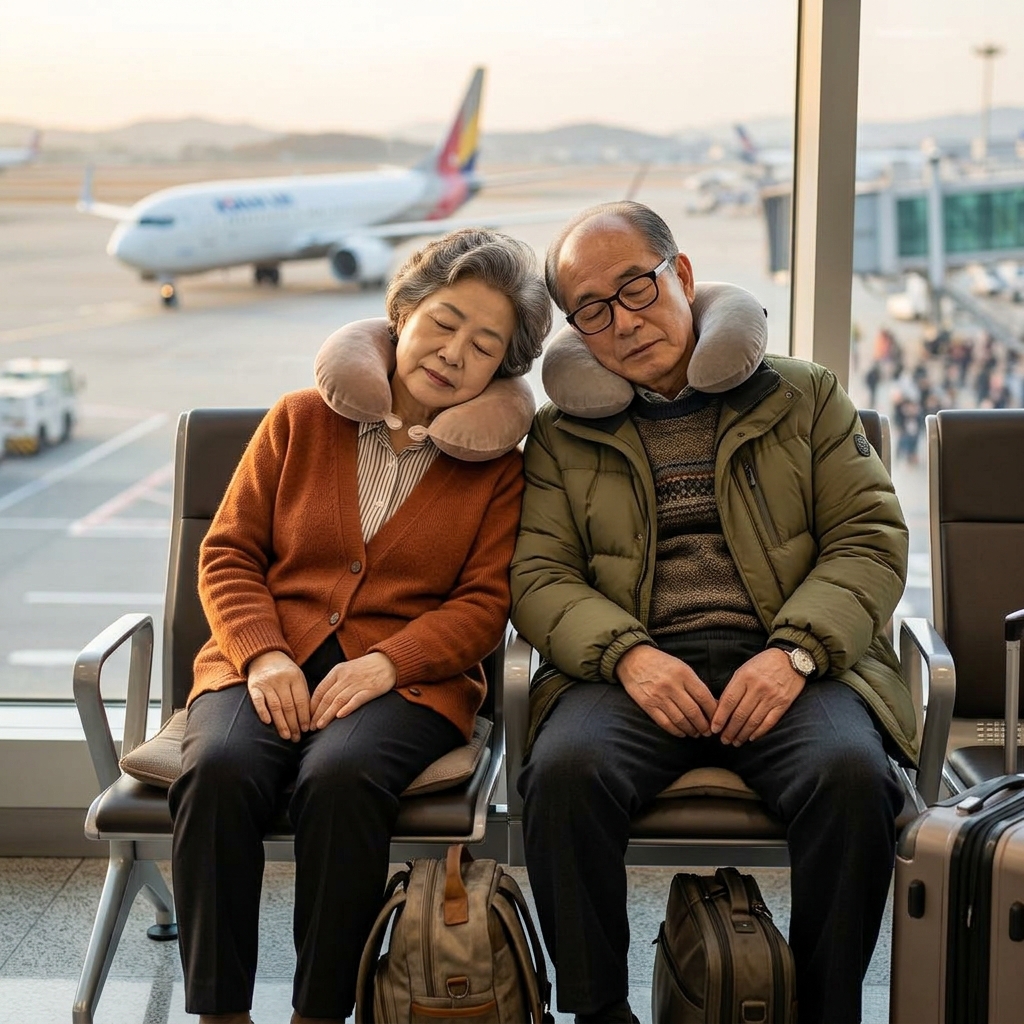 70대 부부가 공항 대합실 의자에 나란히 앉아 목베개를 착용하고 휴대용 방석 위에서 쉬는 모습, 창밖으로 비행기가 보인다