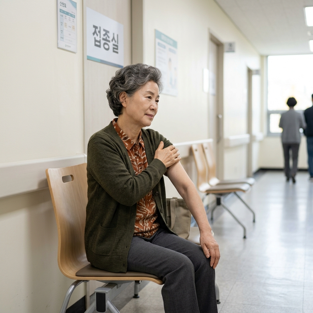 병원 접종실에서 나와 복도 의자에 앉아 팔을 가볍게 문지르는 60대 중반 여성