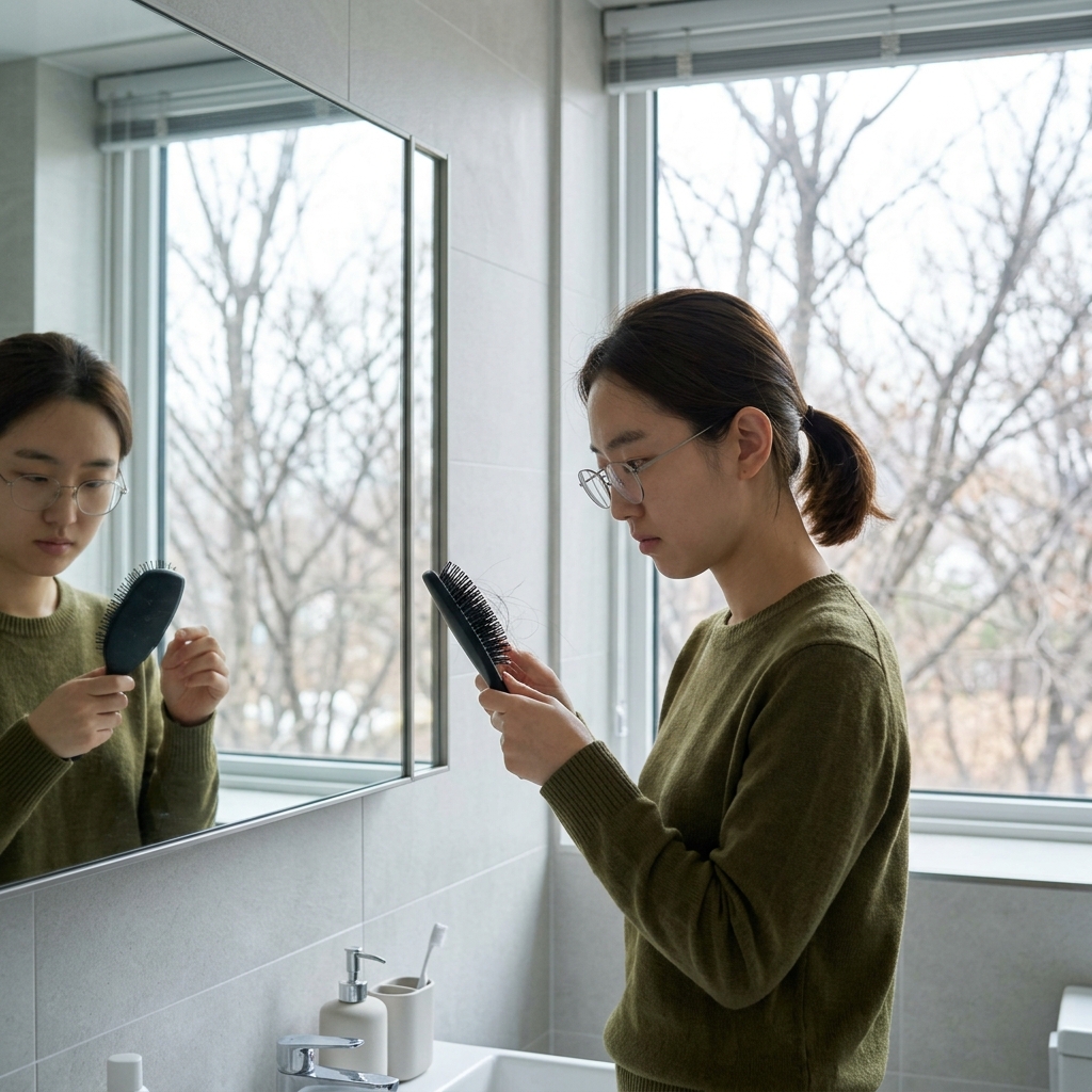 60대 후반 여성이 실내 욕실 거울 앞에서 빗에 걸린 머리카락을 살피고 있는 모습, 긴팔 니트 차림, 창밖으로 겨울 나뭇가지가 보임