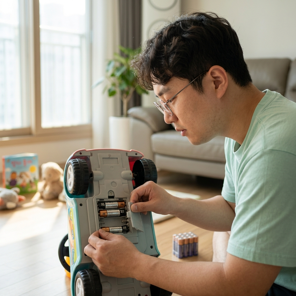 부모가 아이 전동 장난감의 배터리 덮개를 열어 AA 건전지 규격을 확인하고 있는 장면