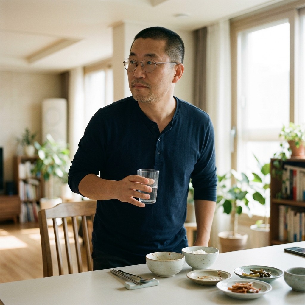 식사를 마친 50대 남성이 식탁에서 일어나 물잔을 들고 있는 모습, 창가의 자연광
