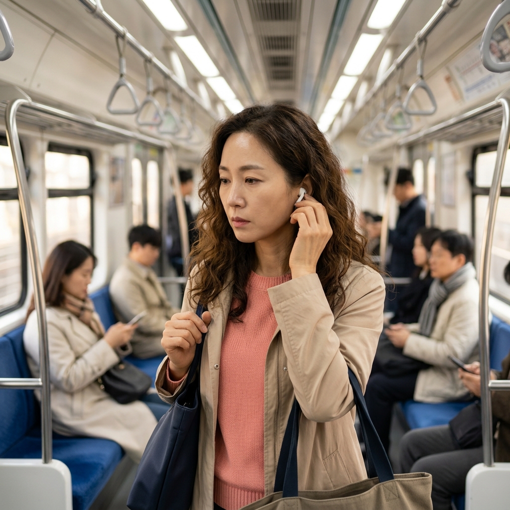 30대 직장인이 출퇴근 지하철 안에서 무선 이어폰을 빼며 귀를 만지는 모습, 얇은 재킷과 가방을 든 평일 아침 풍경