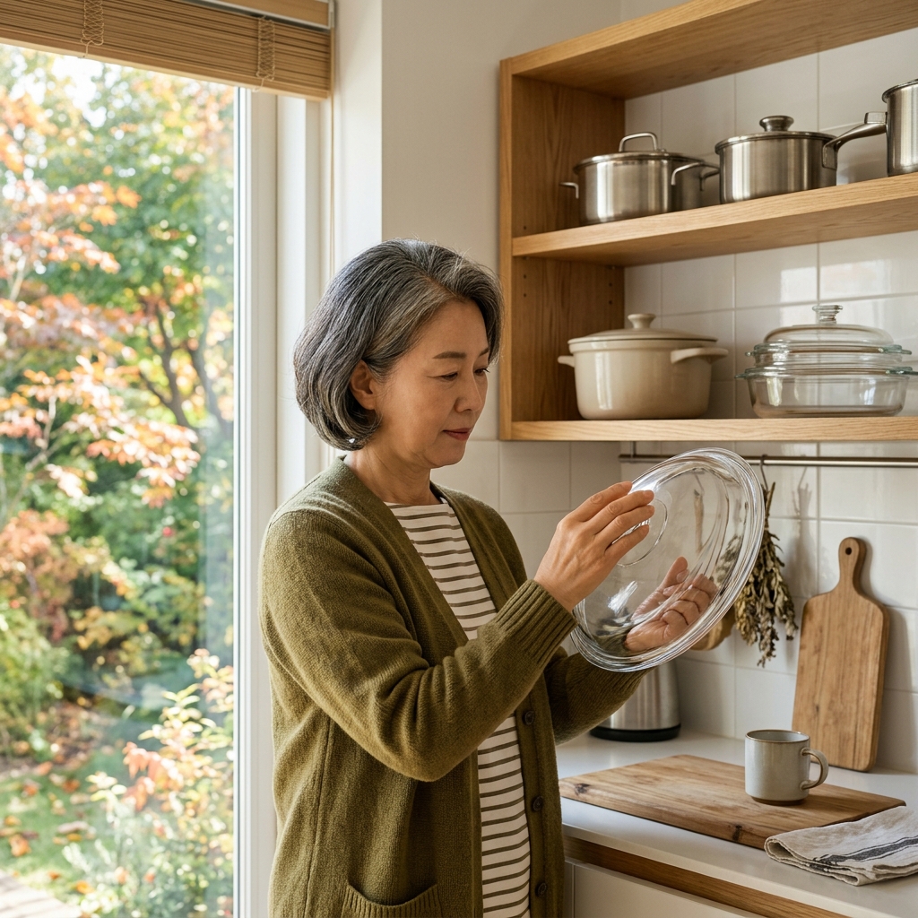 60대 여성이 주방 선반 앞에서 냄비 유리뚜껑 가장자리를 손으로 만지며 흠집을 확인하는 모습, 창밖으로 신록이 보이는 밝은 주방