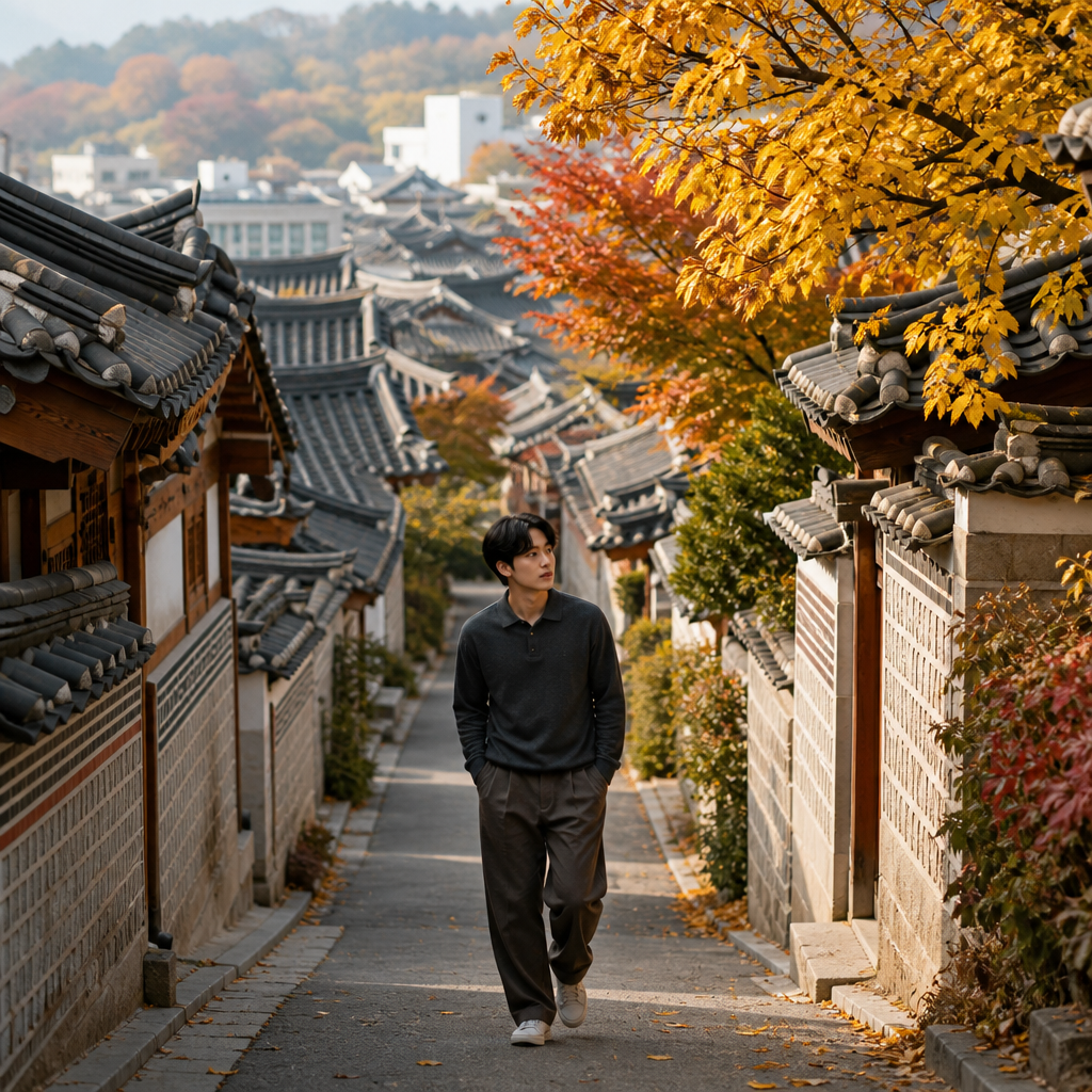 북촌 한옥마을 골목길과 전통 기와지붕이 보이는 가을 풍경