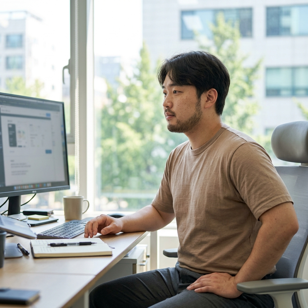사무실 책상 앞에 앉아 모니터를 보며 일하는 20대 후반 청년이 한 손으로 골반 옆을 짚고 있는 모습, 얇은 반팔 셔츠와 슬랙스 착용, 창밖으로 밝은 여름 햇살