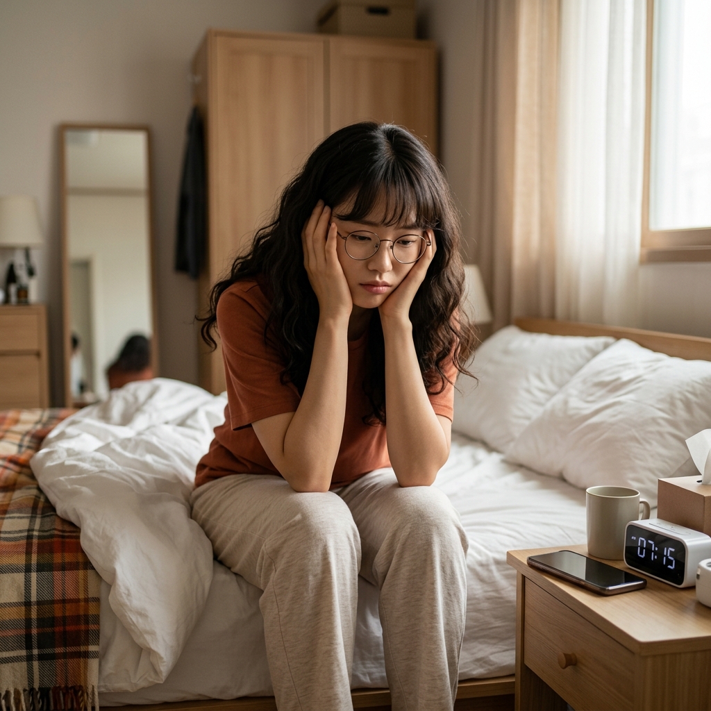 출근 준비 중 침대 가장자리에 앉아 머리를 감싸 쥔 채 극심한 피로를 호소하는 30대 직장인의 아침 모습