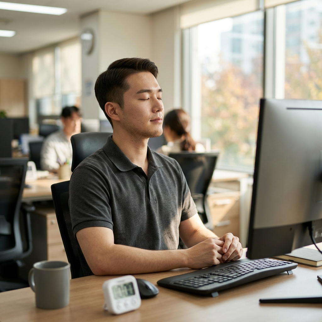 사무실 책상 앞에서 모니터를 보다가 눈을 감고 20초간 휴식을 취하는 직장인의 옆모습, 창밖으로 햇빛이 부드럽게 들어오고 책상 위에 타이머가 놓여 있음