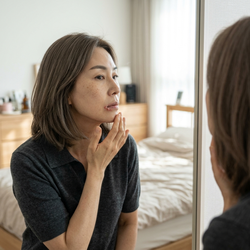 입술 가장자리에 작은 물집이 생긴 30대 여성이 손으로 가리지 않고 거울을 보며 표정을 살피는 장면, 실내 자연광