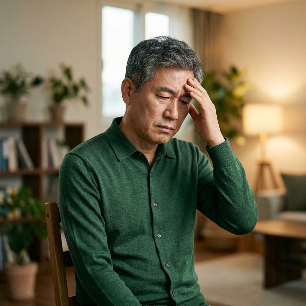 50대 중년 남성이 실내에서 얇은 긴팔 셔츠를 입고 관자놀이를 손으로 누르며 두통을 호소하는 모습
