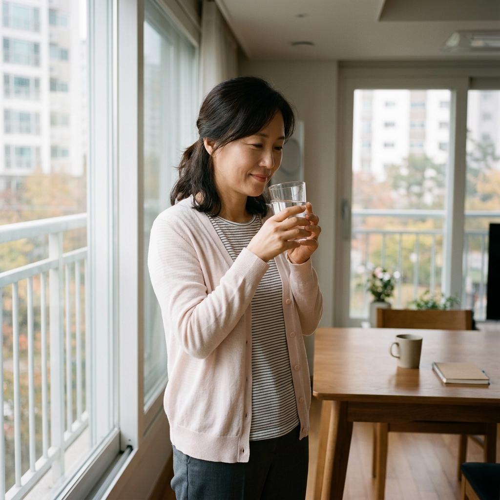 40대 여성이 밝은 색 얇은 카디건을 입고 창가에서 미지근한 물 한 잔을 들고 있는 모습