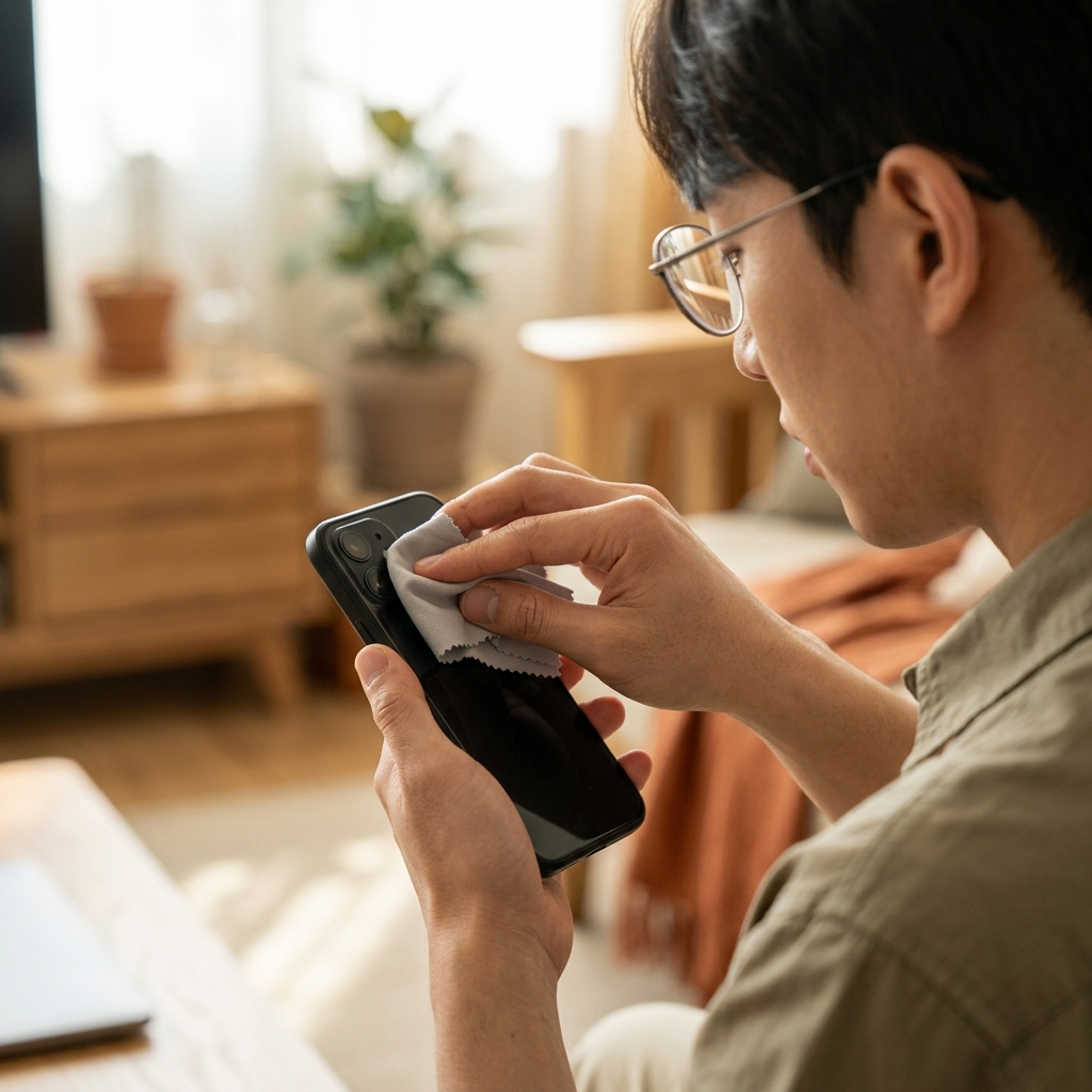 극세사 천으로 스마트폰 카메라 렌즈를 원을 그리며 닦는 손