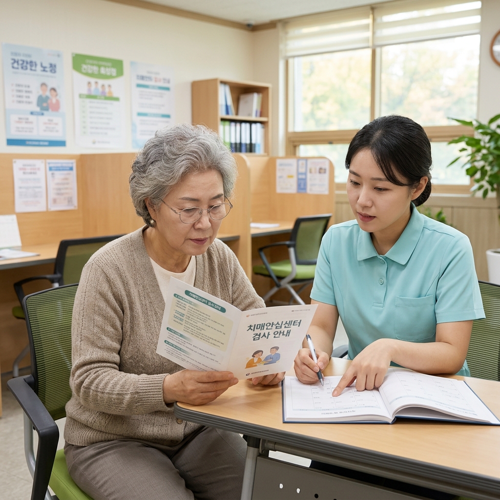 60대 중반 여성이 보건소 치매안심센터 상담실에서 검사 안내 책자를 펼쳐보며 직원과 예약 일정을 확인하는 장면