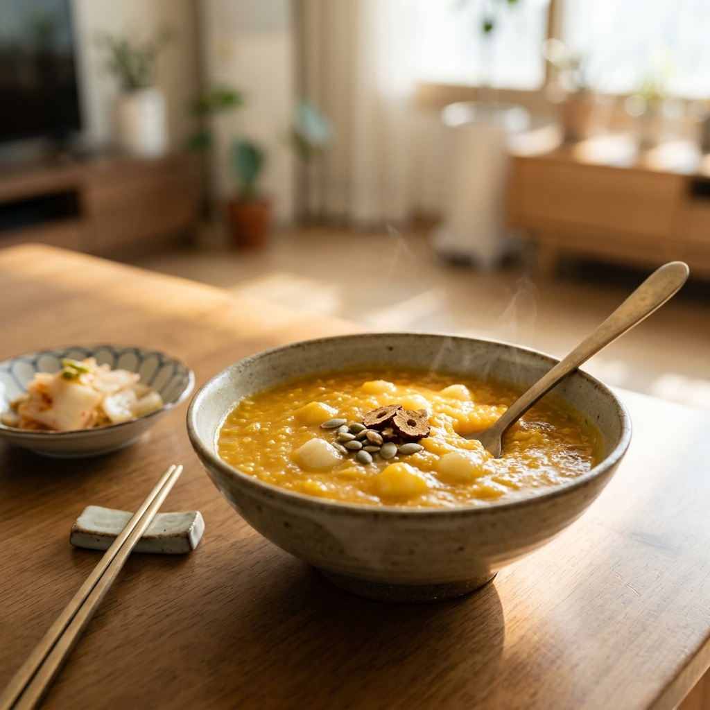 따뜻한 단호박 찹쌀죽이 담긴 그릇과 옆에 놓인 수저, 은은한 아침 햇살