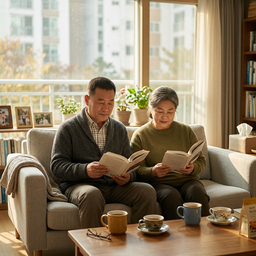 60대 후반 부부가 거실 소파에 나란히 앉아 각자 책을 읽으며 편안하게 시간을 보내는 모습, 창밖으로 따스한 오후 햇살이 들어오고 테이블 위에는 차 한 잔씩 놓여 있음