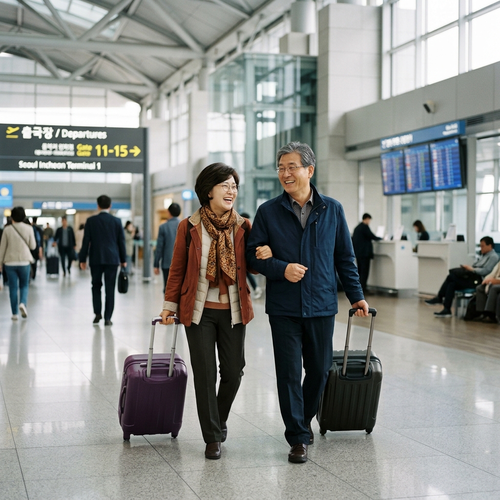 50대 후반 부부가 공항 출국장에서 여행 가방을 끌며 밝게 웃고 있는 모습