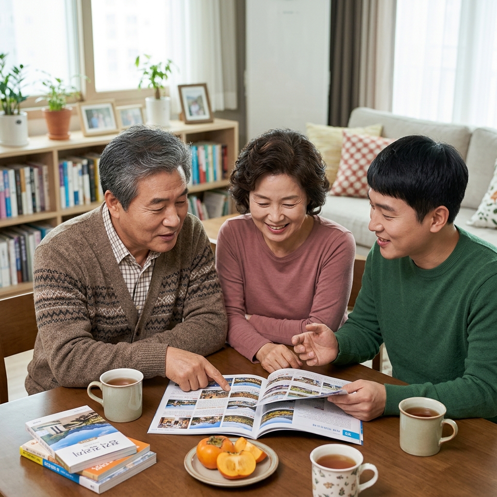 60대 중반 부부가 식탁에 앉아 여행 책자를 펼쳐놓고 자녀와 함께 이야기 나누는 장면