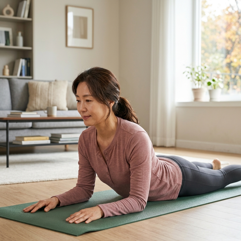 실내에서 매트 위에 엎드려 상체를 가볍게 들어 올리는 중년 여성, 허리를 젖히는 맥켄지 신전 운동 자세, 밝은 자연광이 들어오는 거실 배경