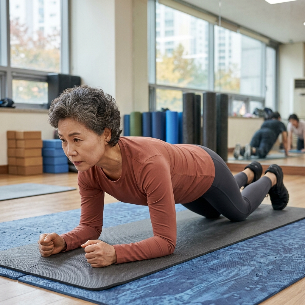 운동 매트 위에서 무릎을 대고 팔꿈치 플랭크 자세를 취한 60대 초반 여성, 허리 라인이 일직선으로 유지된 모습