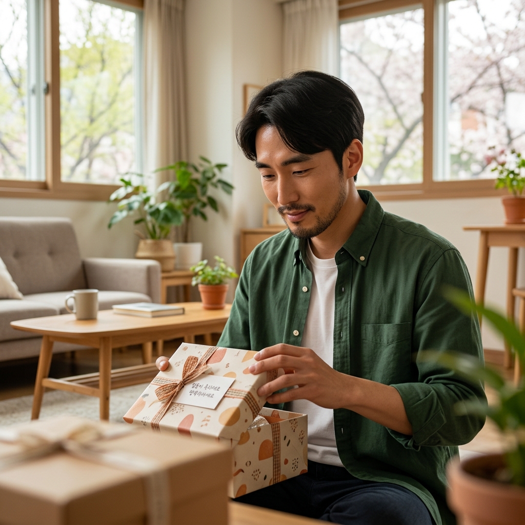원룸 거실에서 집들이 선물 박스를 열어보는 30대 여성의 모습, 긴 소매 옷차림, 창밖으로 봄철 나뭇가지가 보이는 배경