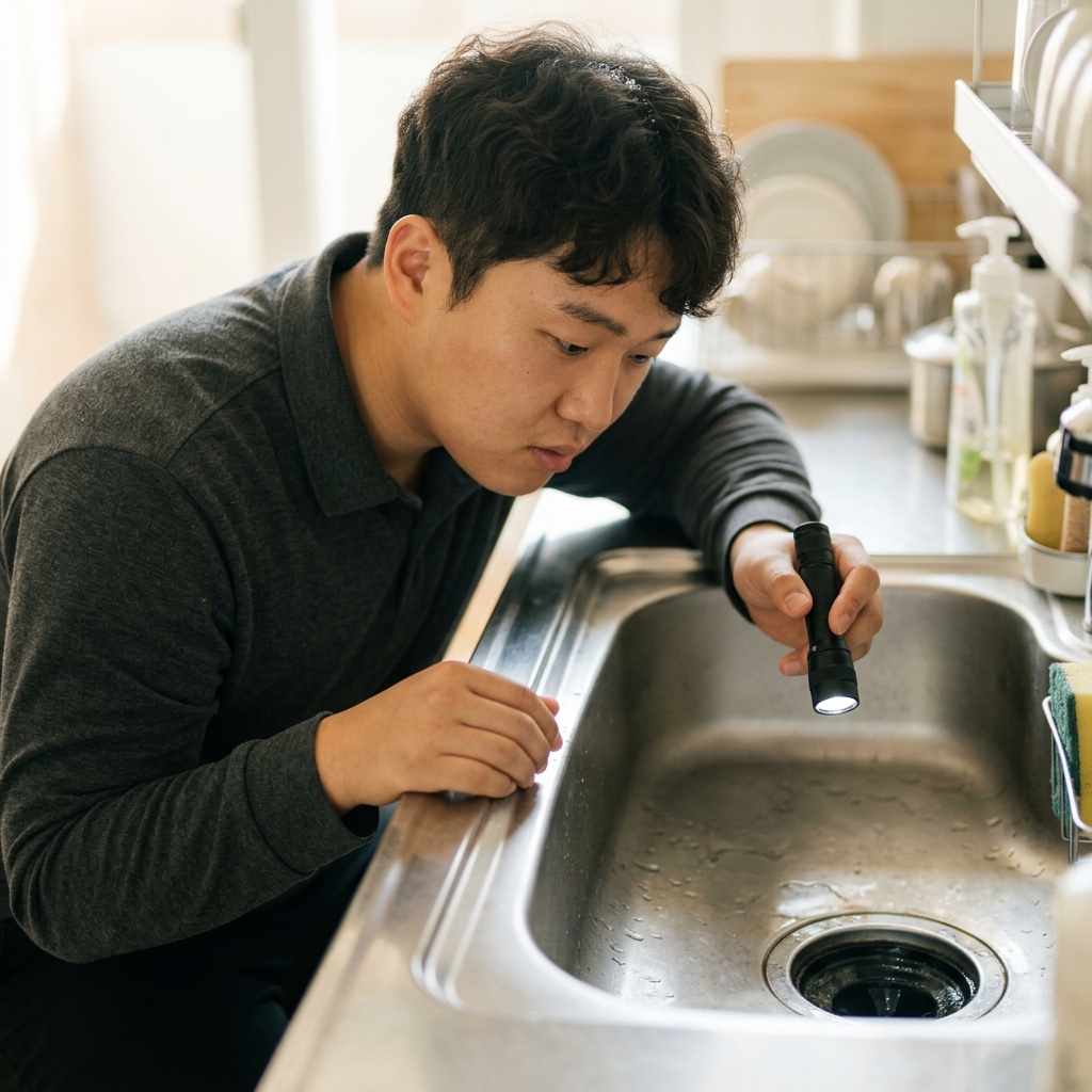 싱크대 배수구를 손전등으로 비추며 물때를 확인하는 모습